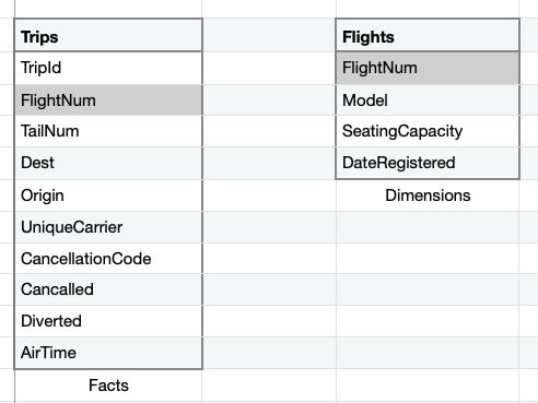 Fictitious major airline trips and flights tables Fictitious major airline trips and flights tables