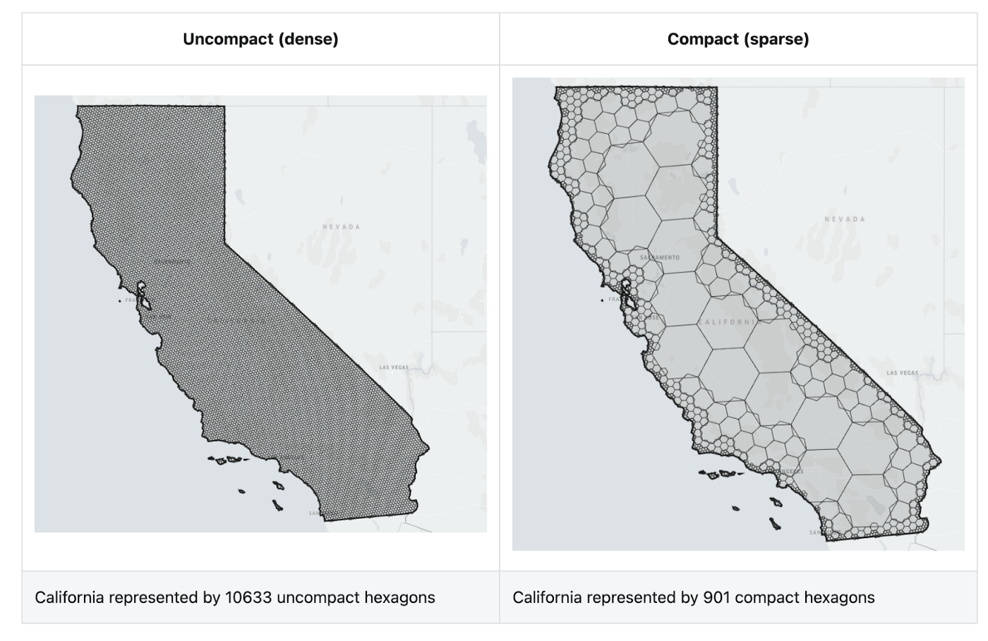 State of California with uncompacted and compacted hexagons State of California with uncompacted and compacted hexagons