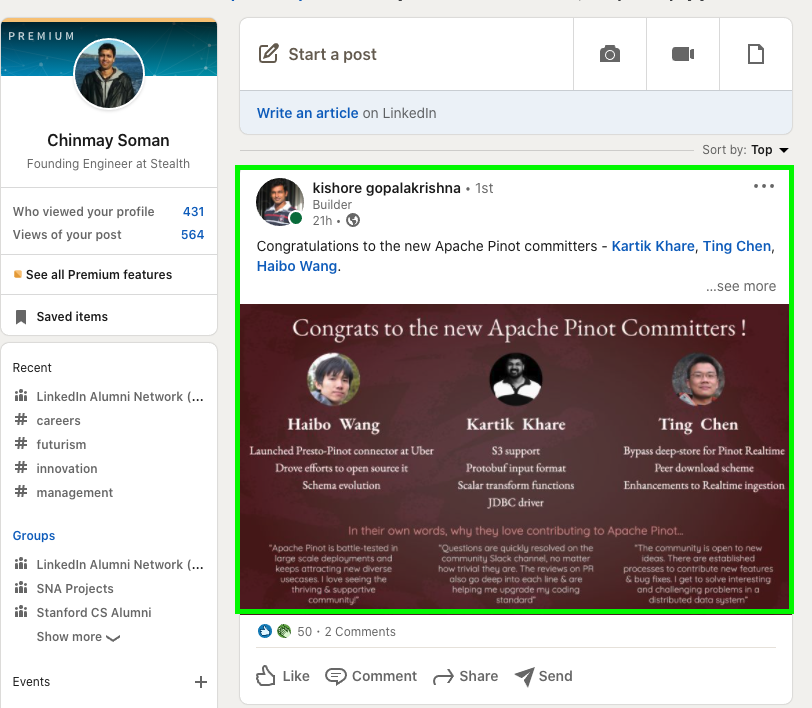 Founding engineer at Stealth, Chinmay Soman's, personalized LinkedIn news feed Founding engineer at Stealth, Chinmay Soman's, personalized LinkedIn news feed