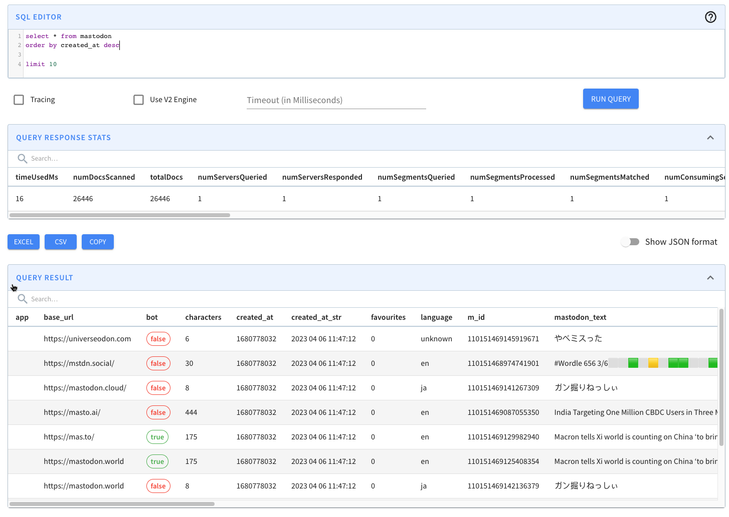 SQL Editor, query response stats, and query result in Apache Pinot SQL Editor, query response stats, and query result in Apache Pinot